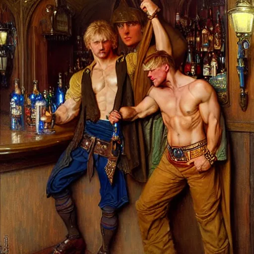 Image similar to attractive muscular arthur pendragon and muscular attractive merlin go to a pub together to have some drinks. highly detailed painting by gaston bussiere, craig mullins, j. c. leyendecker, alphonse mucha 8 k