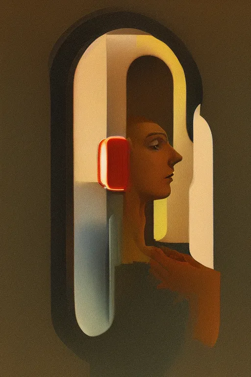 Image similar to woman wearing Oculus and digital glitch head Edward Hopper and James Gilleard, Zdzislaw Beksisnski, higly detailed