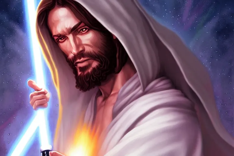 Prompt: jesus christ in a white robe striking sn action pose, jesus has a lightsaber ; art by artgerm ; digital art ; character art ;