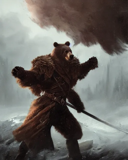 Image similar to oil painting of Anthropomorphized Bear General in Battle, wearing fur cloak, sharp focus, holding Sabre, fantasy style, octane render, volumetric lighting, 8k high definition, by greg rutkowski, highly detailed, trending on art Station, magic the gathering artwork, Battlefield backround, centered