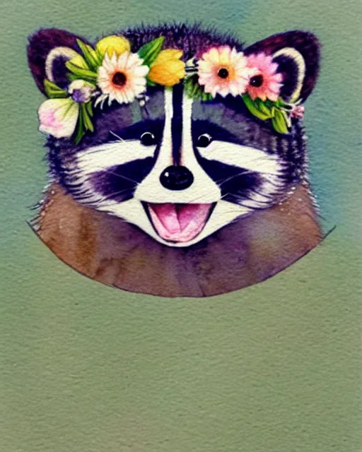 Prompt: a watercolor painting of a smiling happy cute raccoon wearing a flower crown, by antoine de saint - exupery and annabel kidston and naomi okubo and jean - baptiste monge. a child storybook illustration, muted colors, soft colors, low saturation, fine lines, white paper