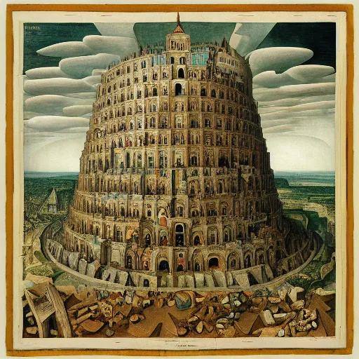 Image similar to The Tower of Babel by Bruegel in impossible geometry, Escher