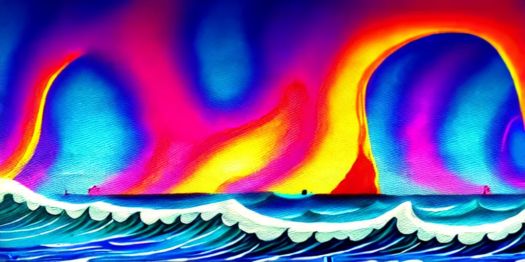 Image similar to a beach shaped like a singing mouth, the waves are made is musical notes, one wave is shaped like the mouths tongue, very colorful painting 8 k trending on art station, intricate details, very realistic, cinematic lighting, volumetric lighting,