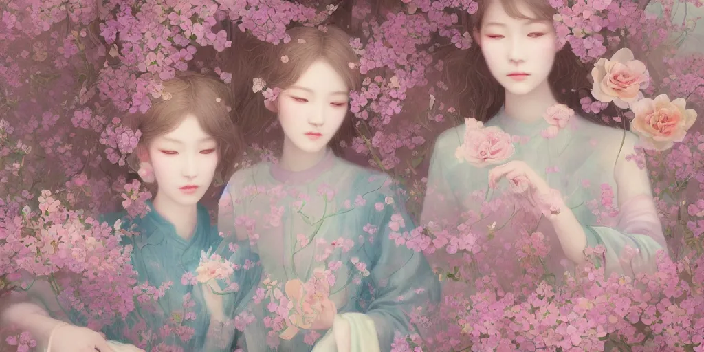 Image similar to breathtaking delicate concept art painting pattern blend of flowers and girls, by hsiao - ron cheng, bizarre compositions, exquisite detail, pastel colors, 8 k