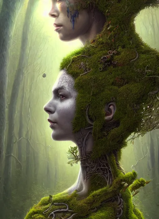 Image similar to Portrait of an Ancient Cyborg with a tree growing out of her head, moss, translucent leaves, extremly detailed digital painting, in the style of Tomasz Alen Kopera and Fenghua Zhong and Peter Mohrbacher, mystical colors, rim light, beautiful lighting, 8k, stunning scene, raytracing, octane, trending on artstation