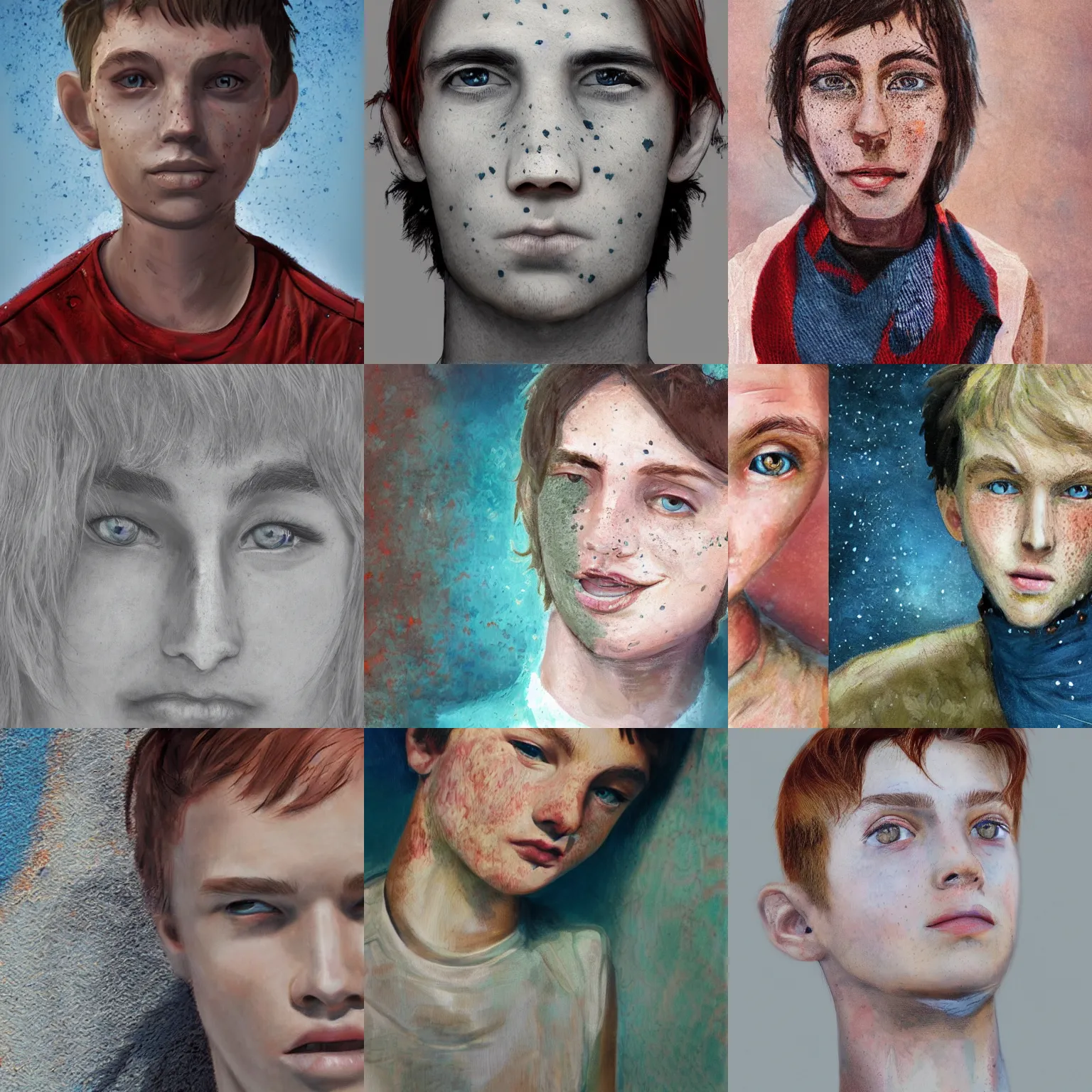 Prompt: face portrait of a thin teen boy with short red hair, a lot of freckles, blue eyes, a long nose, freckles, highly detailed, digital art