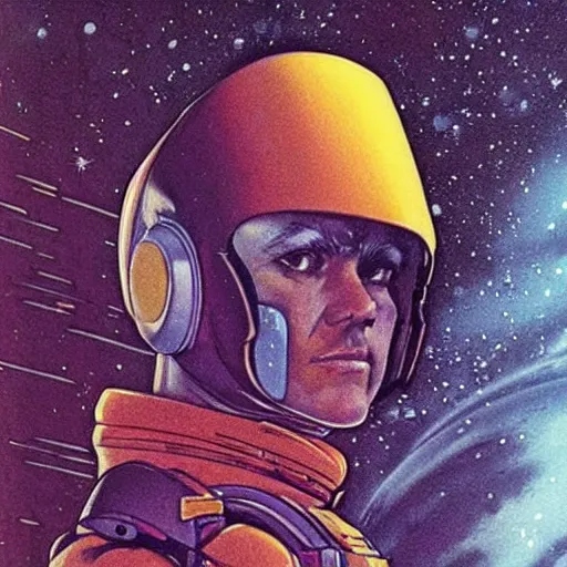 Image similar to Moebius portrait of a space mining operative, tense look, amazing sci-fi portrait, 1980s sci-fi