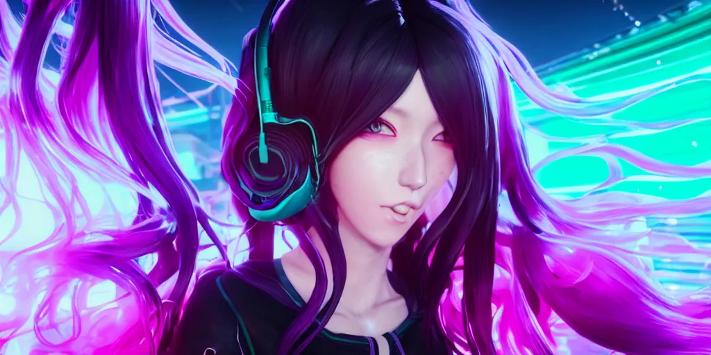 Prompt: beautiful portrait of a woman with pastel long hair floating in the air with her eyes open facing the camera hands forward centered with studio headphones on in the style of a code vein character, momo from twice in code vein in the style of WLOP, artgerm, yasutomo oka, rendered in unreal engine and redshift octane , background is surrounded by epic neon glitch effect digital art dynamic dramatic lighting, soft lighting, imagine fx, artstation, cgsociety, by Bandai Namco artist,