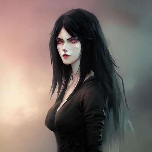 Image similar to female human vampire witch in the style of greg rutkowski, makoto shinkai, trending on artstation, character design, concept art, pretty face, highly detailed, long black hair, portrait, digital art