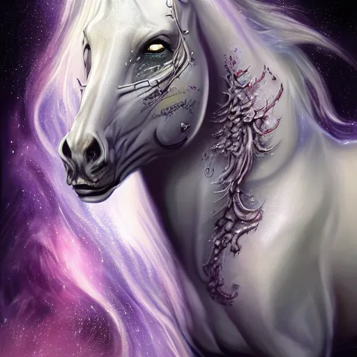 Image similar to a wlop 3 d render of very very very very highly detailed beautiful mystic portrait of a phantom undead horse with whirling galaxy around, tattoos by anton pieck, intricate, extremely detailed, digital painting, artstation, concept art, smooth, sharp focus, illustration, intimidating lighting, incredible art,