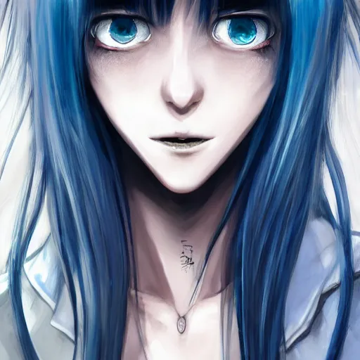 Image similar to full face shot of rimuru tempest, sky blue straight hair, long bangs, with amber eyes, wearing a black jacket, high collar, ultra detailed, brush strokes, skin texture, digital painting, cinematic, wlop artstation, closeup, pixiv, eerie, scary, intimidating glare, evil, junji ito, yoshitaka amano