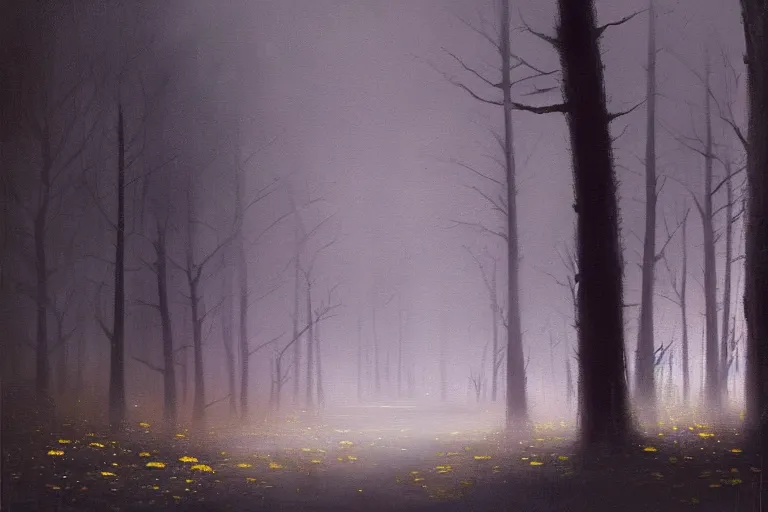 Image similar to dark and spooky painting of a forest dimly lit at night with tiny purple morning glory flowers trailing at the base of trees. foggy cinematic volumetric darkness, muted colour palette, detailed oil painting on canvas kazuo oga, makoto shinkai