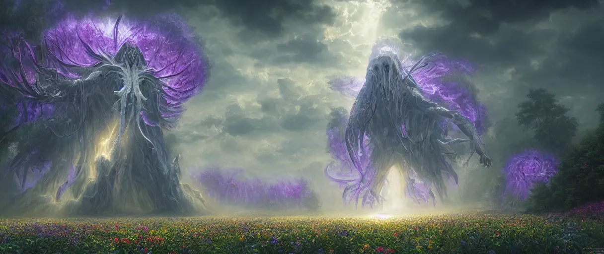 Image similar to A terrifying giant monster made of flowers, beautiful atmosphere, god rays, masterpiece digital painting by Alex Grey, Greg Rutkowski, 4k wallpaper