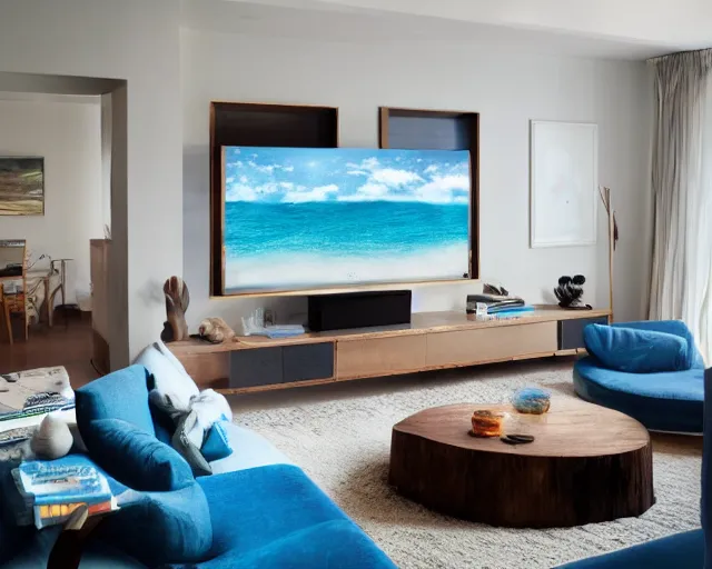 Prompt: A modern living room inspired by the ocean, a luxurious wooden coffee table with large seashells on it, 100 inch television, amazing detail, 8k resolution, blue color, calm, relaxed style, harmony, wide angle shot