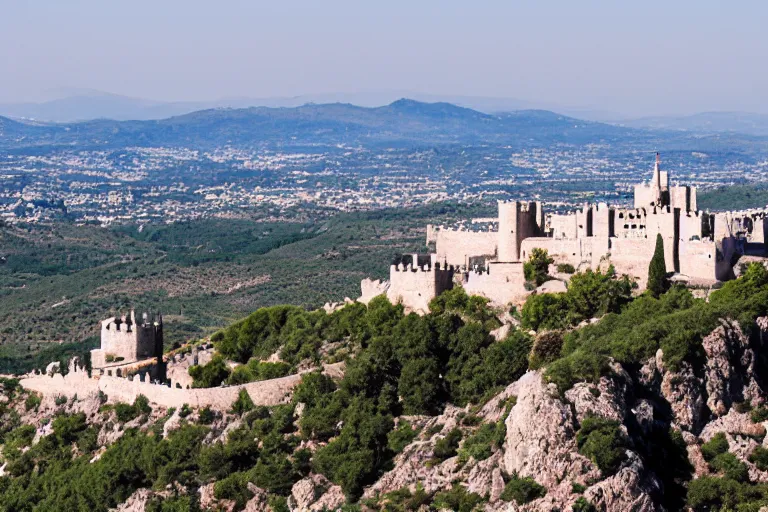 Image similar to 35mm photo of the Spanish castle of Salobrena on the top of a large rocky hill overlooking a white Mediterranean town by June Sun