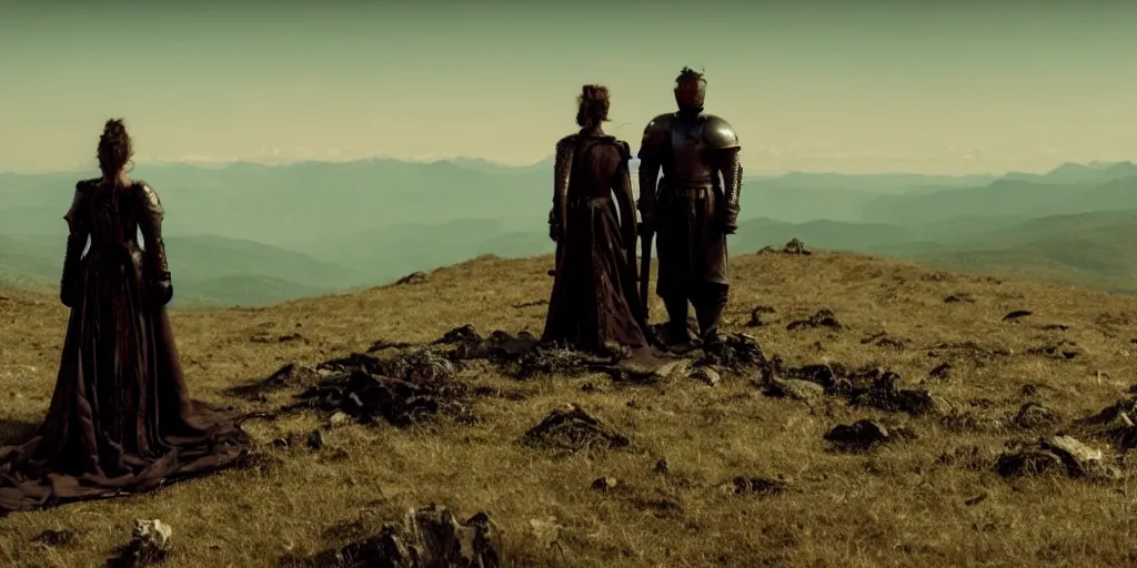 Image similar to film still of woman on a throne and knight standing below on a knee, on a mountain of dead knights by emmanuel lubezki