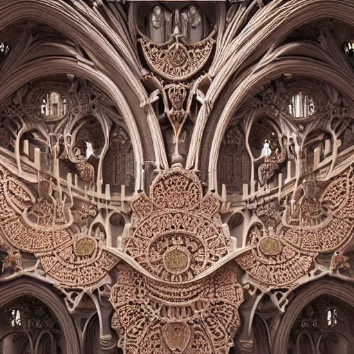 Prompt: a hyperrealistic 3 d render of a delicate ivory sculpture of an ornate detailed cathedral populated by mandelbrot fractals, micro detail, unreal engine, backlit lighting, octane renderer, catholicpunk, colorful, psychedelic, physically based rendering, carved soap, trending on cgsociety