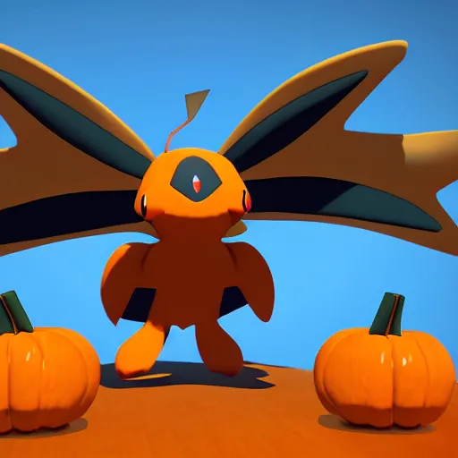 Image similar to A pokemon that looks like The flying beetle,pumpkin body,Trending on art station. Unreal engine.