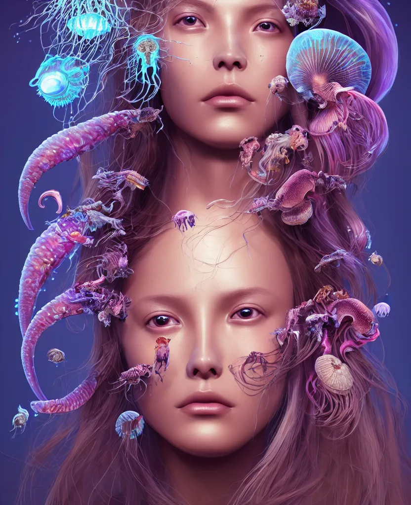 Image similar to goddess princess beautiful woman face close-up portrait ram skull. jellyfish phoenix head, nautilus, orchid, skull, betta fish, bioluminiscent creatures, intricate artwork by Tooth Wu and wlop and beeple. octane render, trending on artstation, greg rutkowski very coherent symmetrical artwork. cinematic, hyper realism, high detail, octane render, 8k