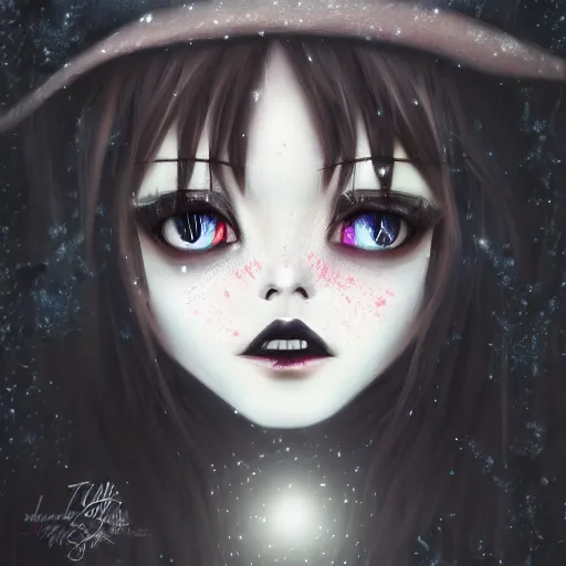 Prompt: focus face portrait of beautiful darkness witch 3D anime girl, dark forest background, snowing, bokeh, inspired by Tim Burton, Giger, digital painting, high contrast, unreal engine render, volumetric light, high détail
