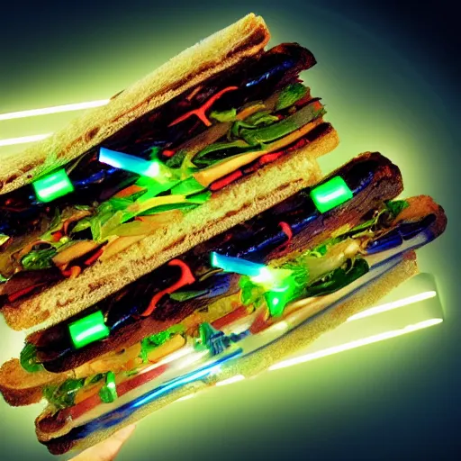 Image similar to an extremely high quality photo of a surreal radioactive surreal neon_lightsaber_sandwich, a hybrid lightsaber-sandwich filled with lightsaber_neons and sandwichlightsaberneontubes, neontubesauce drizzled, drooping lightsaber_lettuce, glowing_sandwich filled with lights, promotional photo, 4k food photography