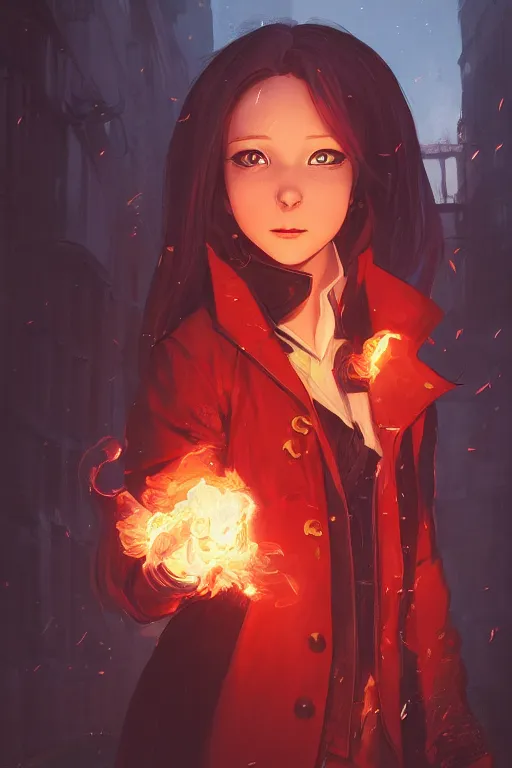 Prompt: a portrait of a cute female wizard wearing a very stylish coat and holding a fireball, embers flying, urban fantasy setting, narrow street, vivid colors, warm lighting, atmospheric, cinematic, moody, in the style of Ilya Kuvshinov and Range Murata, Krenz Cushart, oil on canvas, 8k