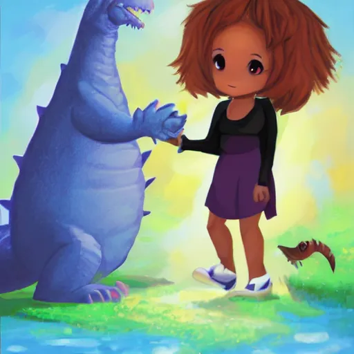 Image similar to Dark skinned girl pets Chibi Godzilla, painting