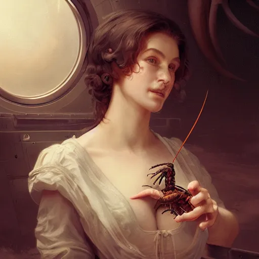 Image similar to a nineteenth - century woman with an uncovered breast holding a scorpion in his hand, inside a spaceship with the earth rom the porthole, highly detailed, concept art, art by wlop and artgerm and greg rutkowski, masterpiece, trending on artstation, 8 k