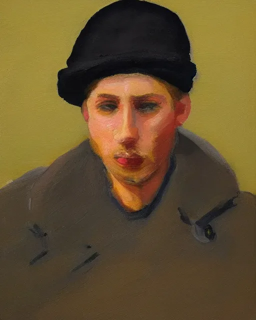 Image similar to a painting of a person wearing a hat and scarf, an oil on canvas painting by Luc Tuymans, featured on reddit, synthetism, oil on canvas, academic art, art on instagram