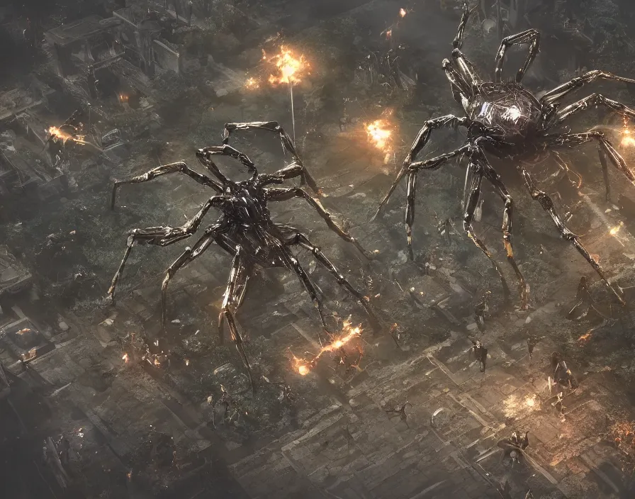 Image similar to big metal spider in tactical rpg videogame, beautiful graphics, fantasy artwork, very beautiful scenery, hdv, hdr, ue 5, ue 6, unreal engine 5, cinematic 4 k wallpaper, 8 k, ultra detailed