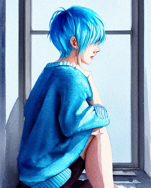 Image similar to watercolor painting of a pretty girl with Blue hair, wearing an oversized sweater, sitting by a windowsill, night. In the style of ilya kuvshinov, dramatic lighting, fantasy, intricate, elegant, highly detailed, lifelike, photorealistic, digital painting, bokeh, HDR, high resolution, artstation, concept art, smooth, sharp focus, art by Krenz Cushart and Albert Aublet