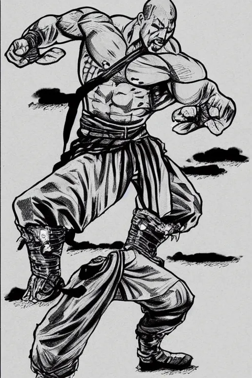 Image similar to a Manga ink drawing of Dwayne Johnson as a kung fu fighter in the style of Katsuhiro Ottomo.