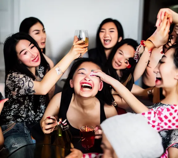 Image similar to large group of young eurasian woman having a house party, drinking, laughing, XF IQ4, 150MP, 50mm, F1.4, ISO 200, 1/160s, natural light