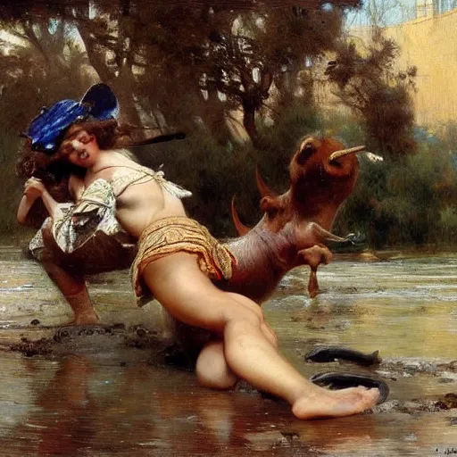 Image similar to a young girl killing a bull in a fight, highly detailed painting by gaston bussiere and j. c. leyendecker 8 k