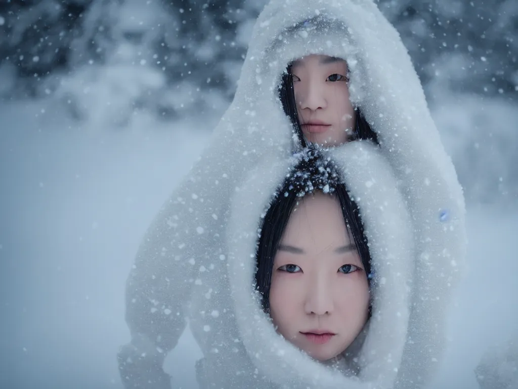 Prompt: the piercing stare of yuki onna, snowstorm, blizzard, mountain snow, canon eos r 6, bokeh, outline glow, asymmetric unnatural beauty, gentle smile, billowing cape, blue skin, centered, rule of thirds