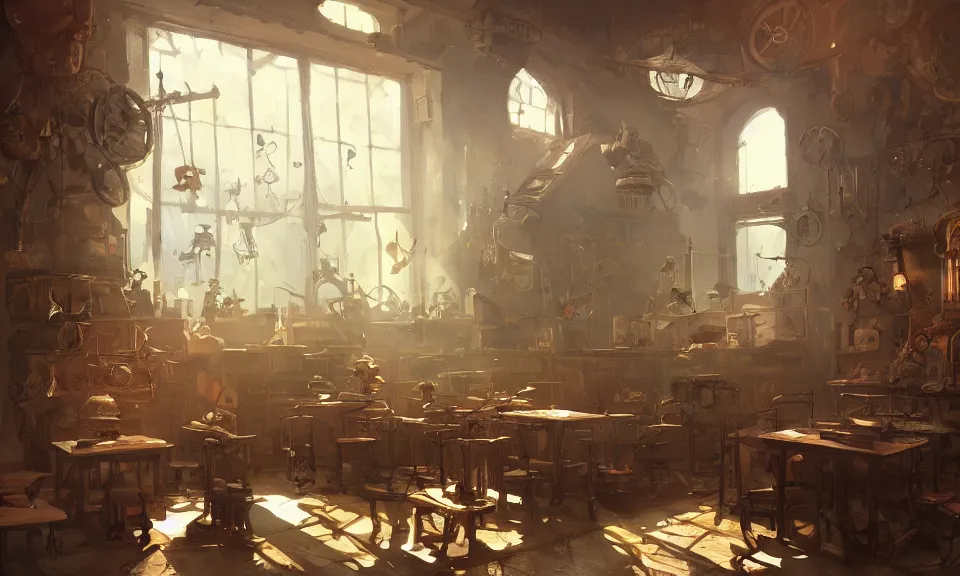 Prompt: Interior of a Steampunk kindergarden classroom Greg Rutkowski, ArtStation, CGSociety, Unreal Engine