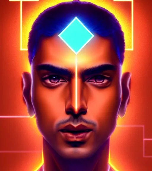 Image similar to symmetry!! indian prince of technology, solid cube of light, hard edges, product render retro - futuristic poster scifi, lasers and neon circuits, brown skin handsome indian prince, intricate, elegant, highly detailed, digital painting, artstation, concept art, smooth, sharp focus, illustration, dreamlike, art by artgerm