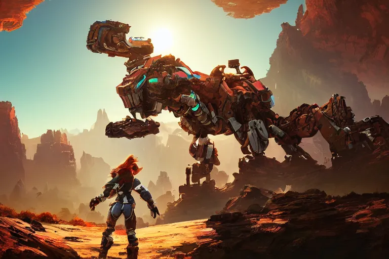 Image similar to rockbreaker machine mecanical creature robot of horizon forbidden west horizon zero dawn radiating a glowing aura global illumination ray tracing hdr fanart arstation by ian pesty and alena aenami artworks in 4 k