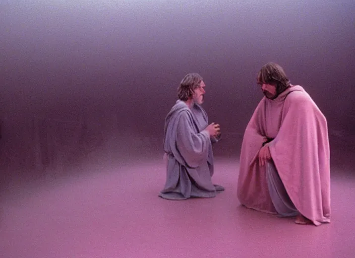 Prompt: Luke skywalker kneels before a strange jedi oracle, a mystic with infinite knowledge of time. in a foggy pink land. still from the 1983 film directed byalejandro jodorowsky. holy mountain, Photographed with Leica Summilux-M 24 mm lens, ISO 100, f/8, Portra 400