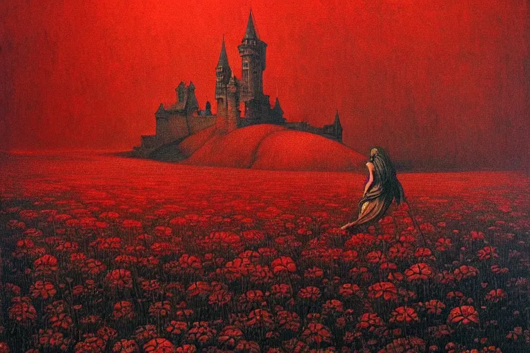 Image similar to only with red, red flowers of different types, a red tiger, a castle in the background, medieval demons dance over the flowers, an ancient path, in the style of beksinski, part by hopper, part by rodcenko, part by hofbauer, intricate composition, red by caravaggio, insanely quality, highly detailed, masterpiece, red light, artstation