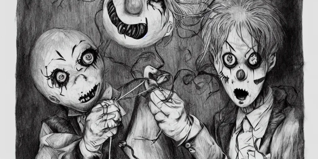 Prompt: A clown holding a balloon , horror, creepy, dark, manga,, pencil, inspired by junji ito, superior quality, masterpiece