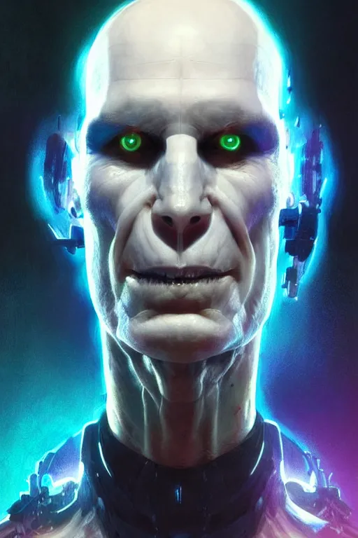 Prompt: portrait of cyborg Lord Voldemort in cyberpunk, neon lighting, digital art from artstation by Ruan Jia and Mandy Jurgens and Artgerm and william-adolphe bouguereau and Greg Rutkowski and Wayne Barlowe