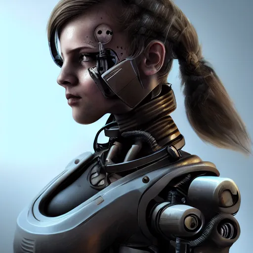 Image similar to beautiful female cyborg, full round face, short smile, full body, post apocalyptic setting, medium shot, mid-shot, highly detailed, trending on Artstation