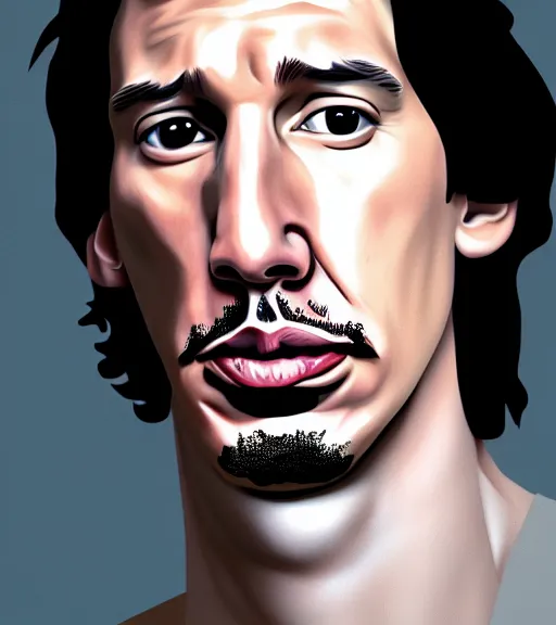 Image similar to a portrait of a derpy adam driver, hyperrealism, highly detailed, cross - eyed