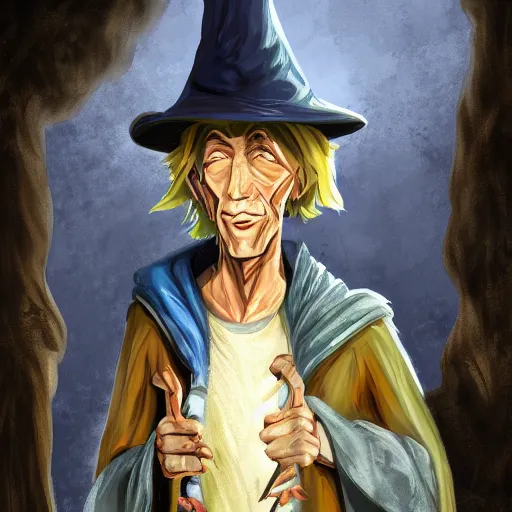 Image similar to Chawick the Fail Wizard, a young scrawny man in ragged and stained wizard's robes and hat. 8k resolution, full-length portrait, digital painting, fantasy art.