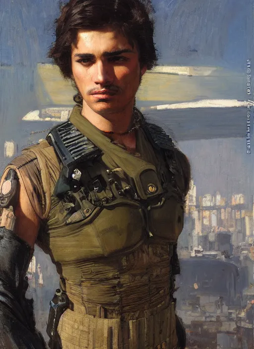 Image similar to Hector. cyberpunk pilot wearing military vest. attractive face. Iranian orientalist portrait by john william waterhouse and Edwin Longsden Long and Theodore Ralli and Nasreddine Dinet, oil on canvas. Cinematic, hyper realism, realistic proportions, dramatic lighting, high detail 4k