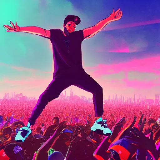 Image similar to rapper leaning over huge crowd reaching up to him, digital art, vapor wave, hip hop, trending on Artstation, professional artist, detailed, 4k