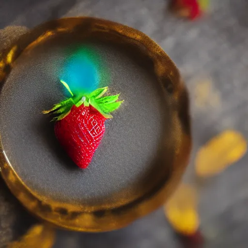 Image similar to high quality presentation photo of a strawberry painted in gold, photography 4k, f1.8 anamorphic, bokeh, 4k, Canon, Nikon