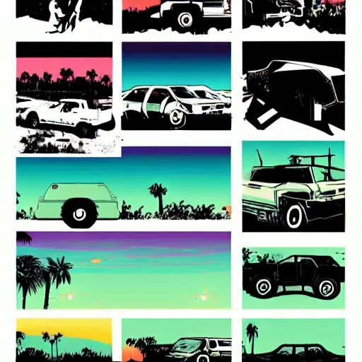 Prompt: wasteland hotline miami desert apocalypse car wide shot landscape nuke fire craters end of the world miami beach sunset palm trees 80s synth retrowave delorean decal