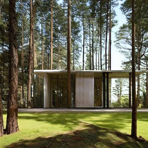 Image similar to “ large openings frame views of the villa's positioning amidst a fir - tree woodland. ”